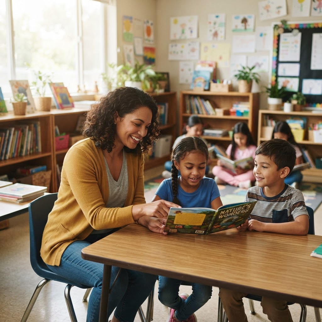 Children reading and learning with a mentor in a classroom