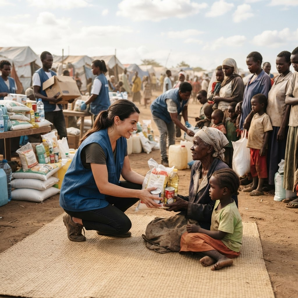 Volunteers distributing food and supplies to families in need